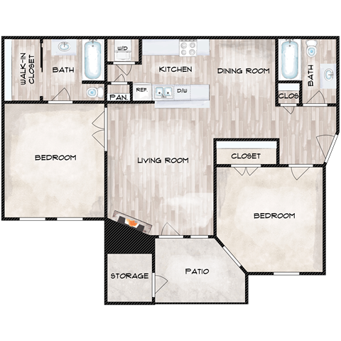 2 Bedroom 2 Bathroom Floor Plan at The Davis Apartments, Huntsville Alabama  