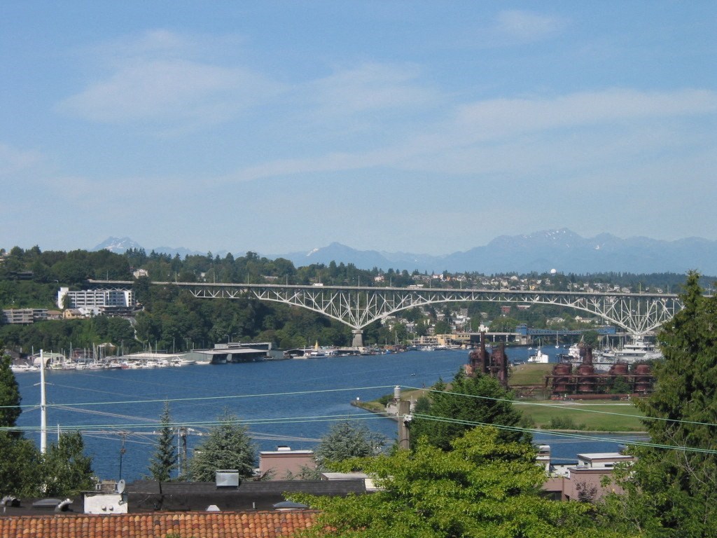 a view of a bridge over a river with mountains in the background