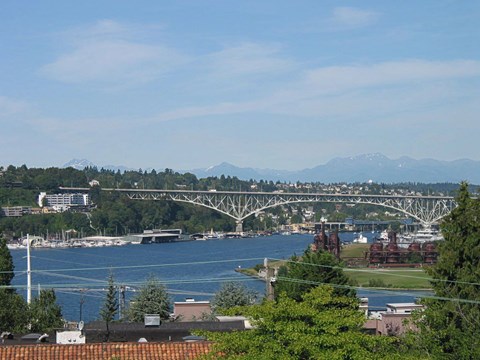 A bridge spans a large body of water with a mountain range in the distance.