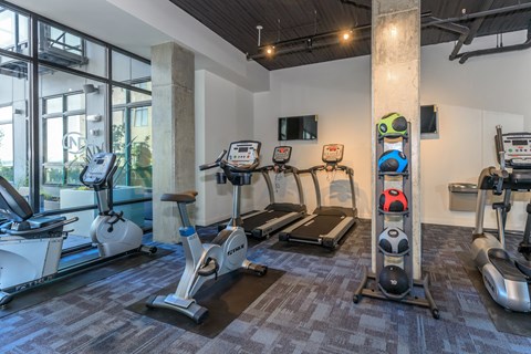 Fitness center with cardio equipment and medicine balls at Napoleon Homes Apartments, Tacoma, Washington