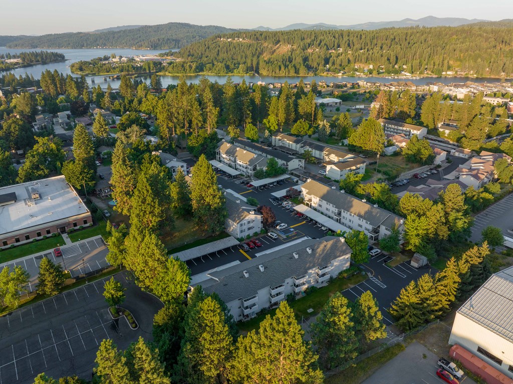 arial view of the campus with a lake in the background  at Ironwood Apartments, Coeur d'Alene