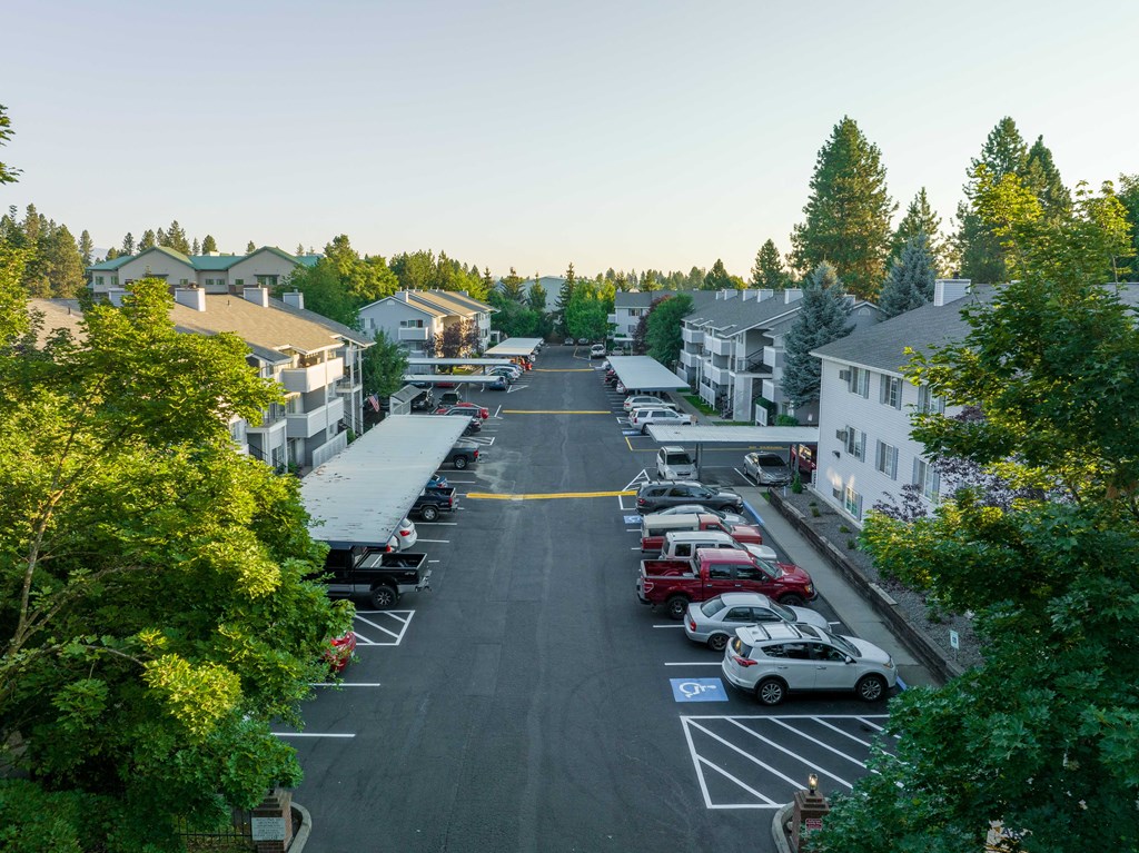a view of the street from the top of the building  at Ironwood Apartments, Coeur d'Alene, 83814
