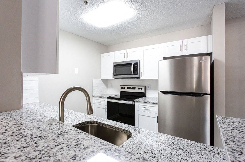 A kitchen with a granite countertop and stainless steel appliances at Ballantyne Commons of Stockbridge Apartments, Stockbridge