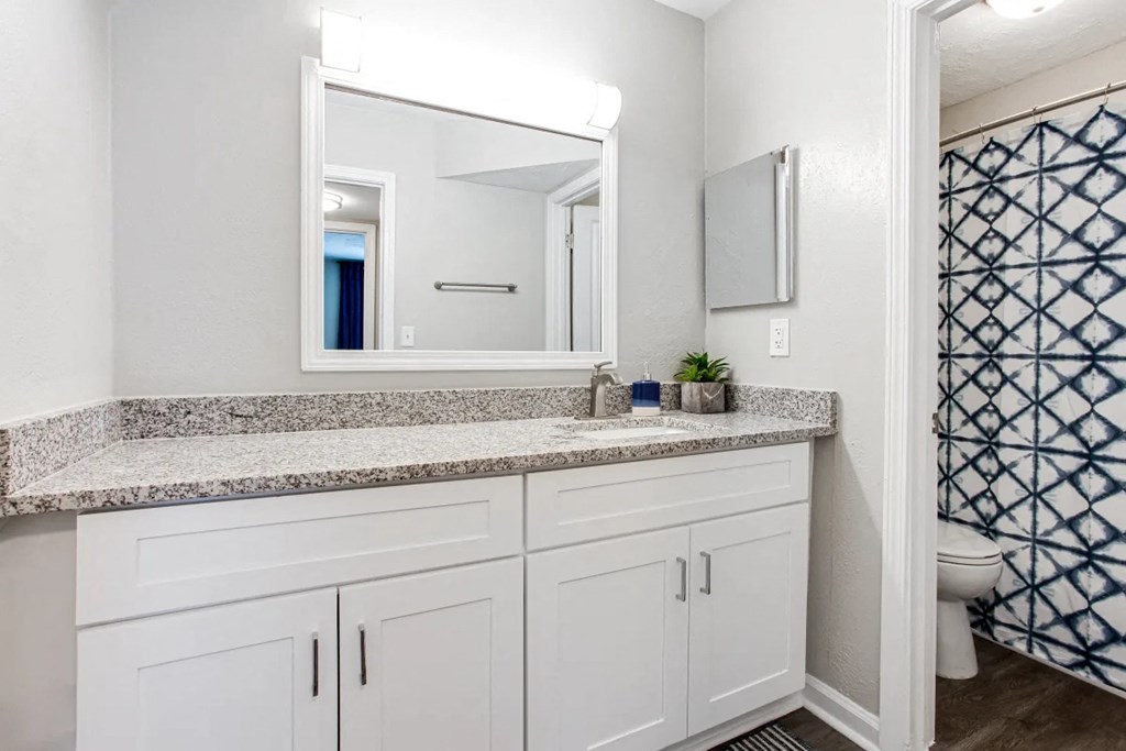 A bathroom with a granite countertop at Barcelo at East Cobb Apartments, Georgia, 30067