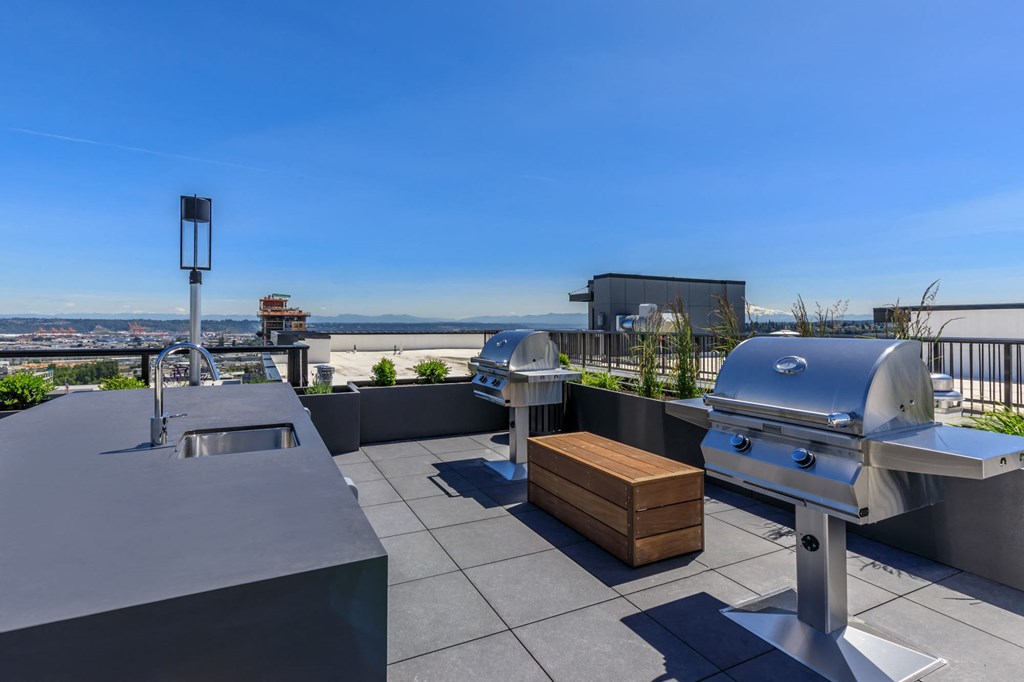 two bbq grills on the roof of a building with a view of the city at Napoleon Apartments, Washington