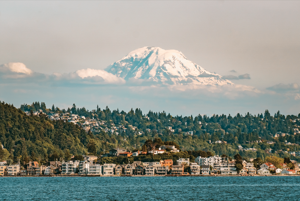 a view of a city with a mountain in the background