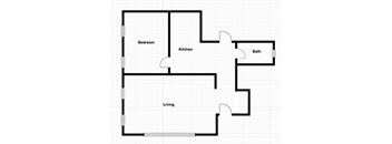 A floor plan of a house with a bedroom, kitchen, bath, and living room.