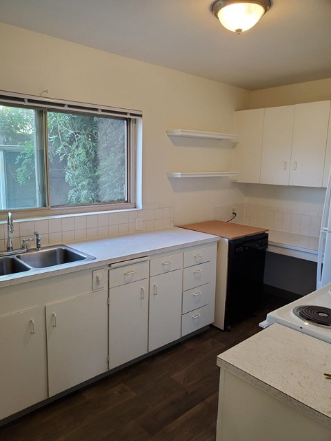 A kitchen with white cabinets and a black dishwasher.