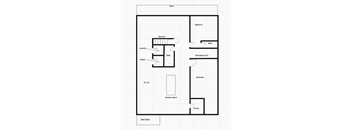 A floor plan of a house with a deck, laundry area, bathroom, and kitchen.