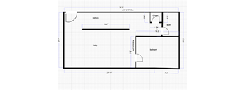 A floor plan of a house with a kitchen, living room, and bedroom.
