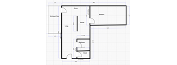 A floor plan of a house with a living room, dining room, kitchen, bedroom, bathroom, and closet.