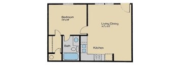A floor plan of a small apartment with a bedroom, living/dining area, kitchen, and bathroom.