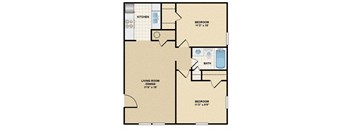A floor plan of a home with a kitchen, living room, and two bedrooms.