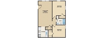 A floor plan of a home with two bedrooms, a living room, a kitchen, and a bathroom.