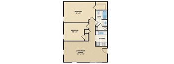 A floor plan of a small apartment with two bedrooms, a living room, and a kitchen.