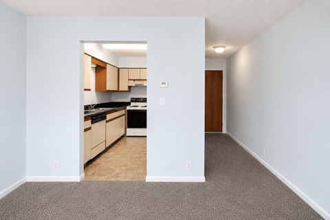 A kitchen with white walls and a brown door.