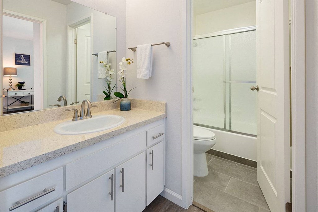 Bathroom With Adequate Storage at Three Crown Apartments, Alameda, 94501