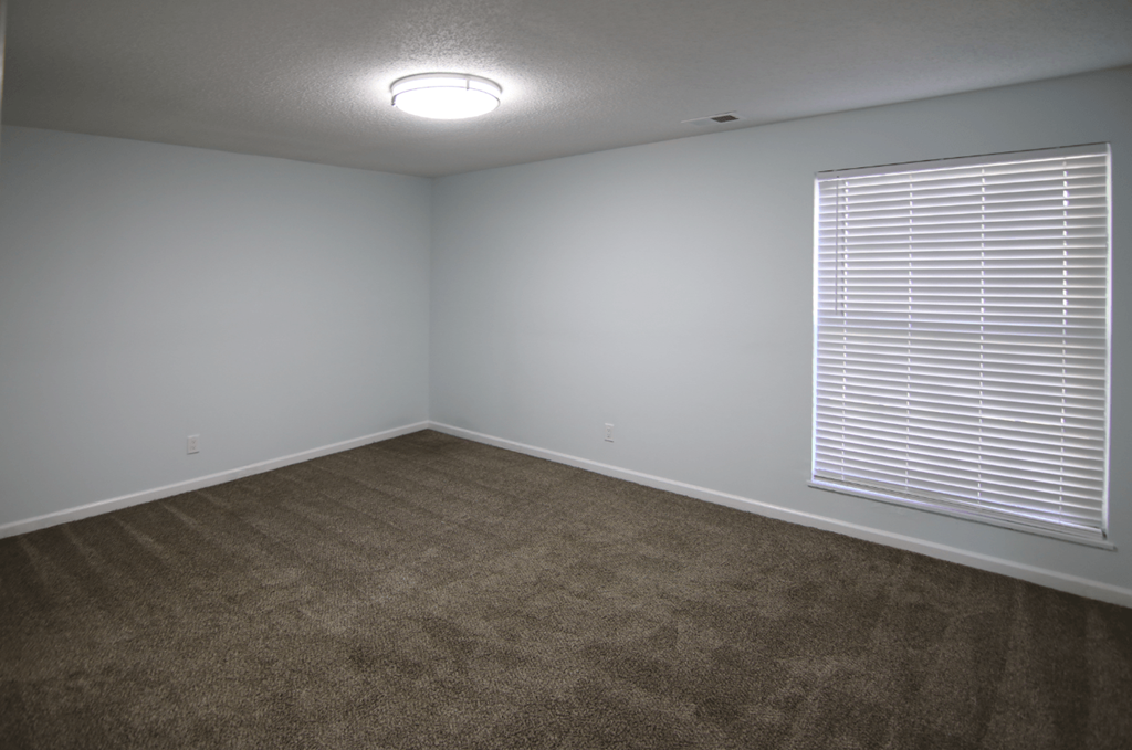 A room with a carpeted floor and a window with blinds.