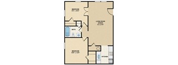 A floor plan of a home with a living room, two bedrooms, a bathroom, and a kitchen.