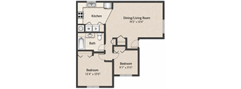 A floor plan of a small apartment with a kitchen, dining/living room, and two bedrooms.