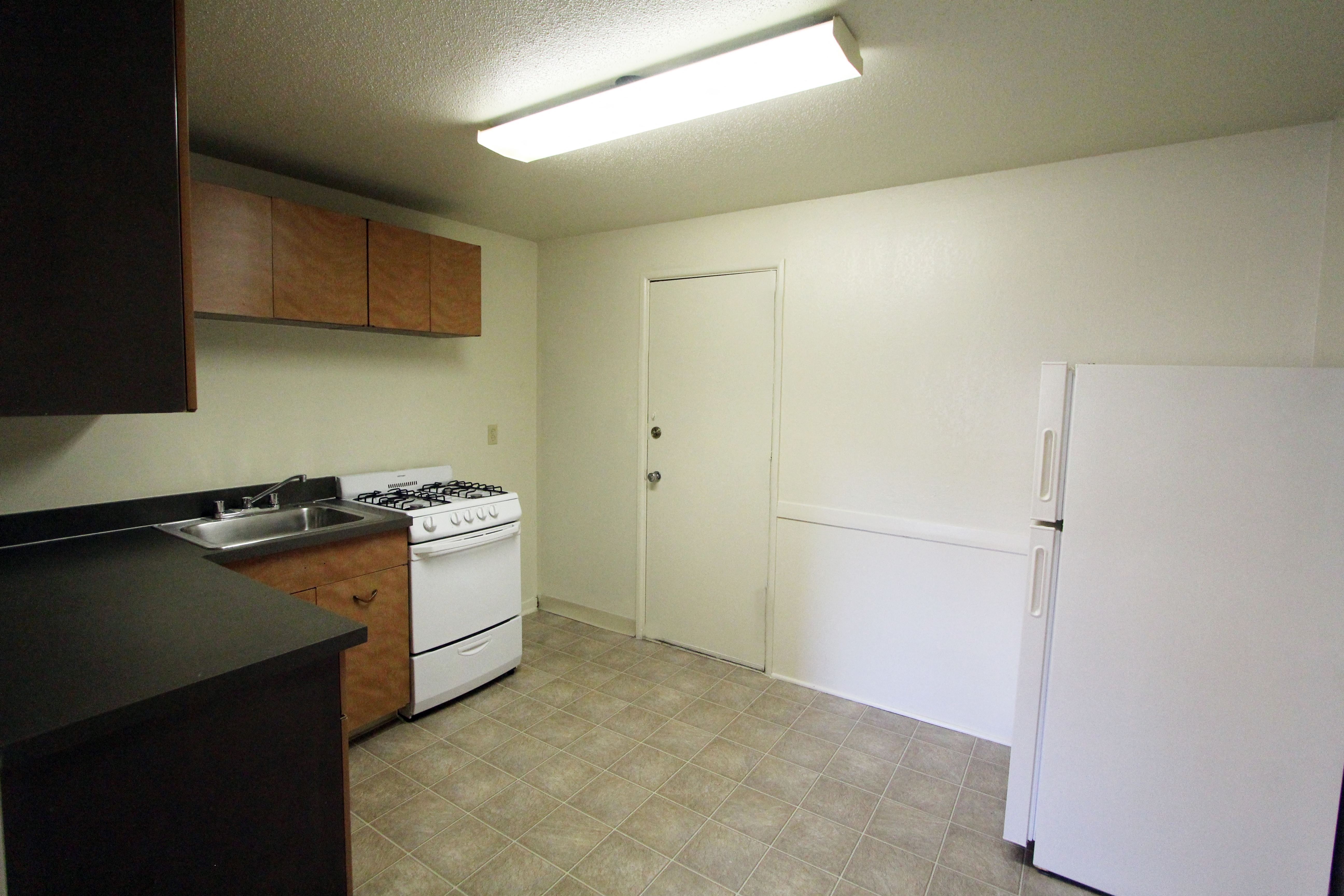 a kitchen with a stove and a sink and a refrigerator