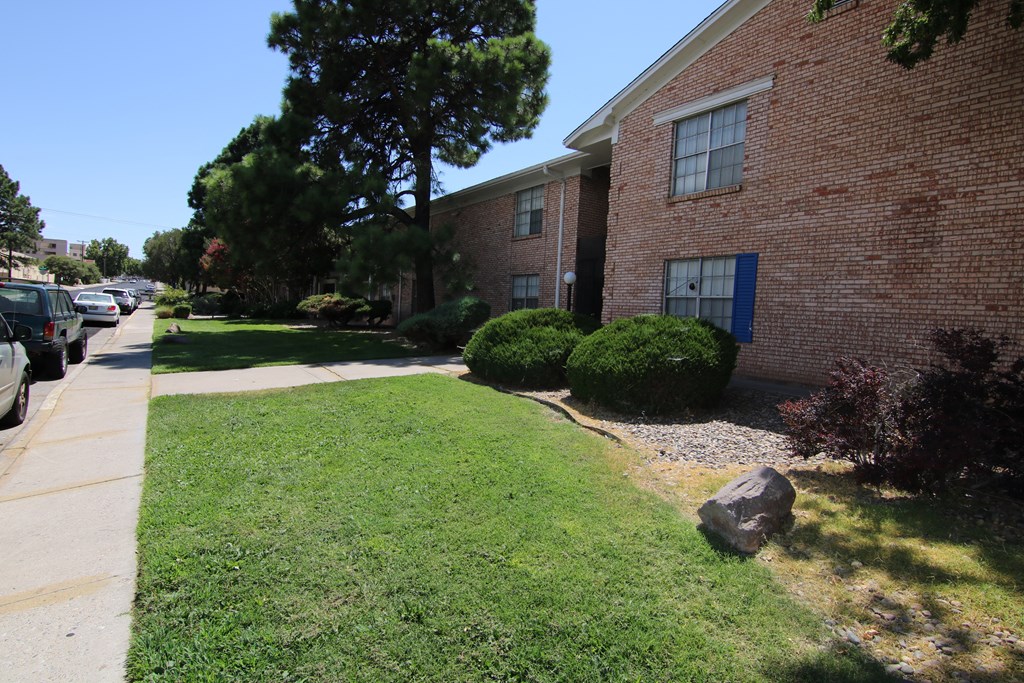 a brick building with a blue door on a sunny day