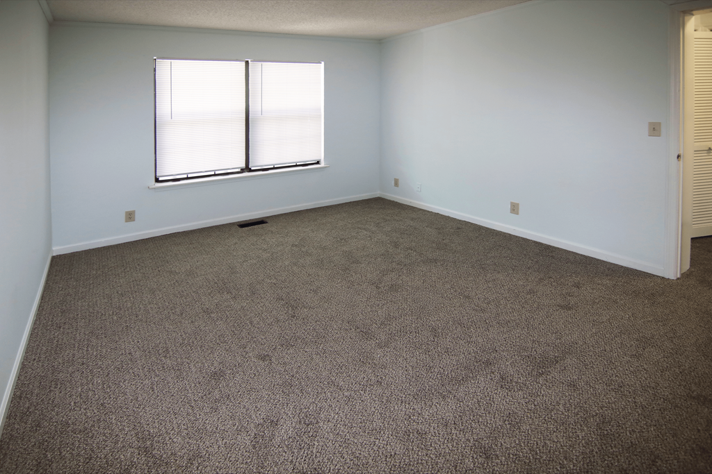 A room with carpeted floor and a window with blinds.