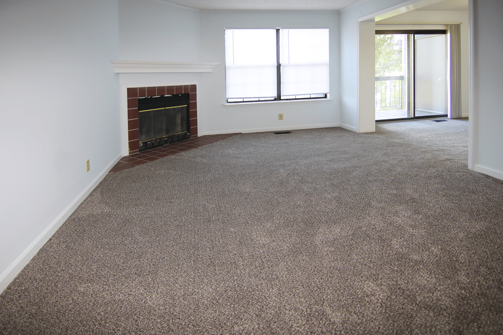 A room with a fireplace and carpeted floor.