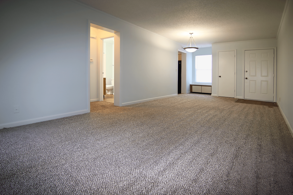 A carpeted room with a doorway leading to another room.