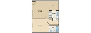 A floor plan of a small apartment with a living room, bedroom, kitchen, and bathroom.