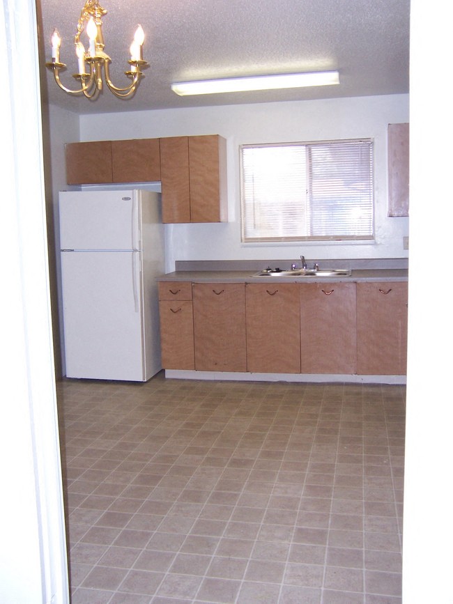 a kitchen with a white refrigerator and a sink