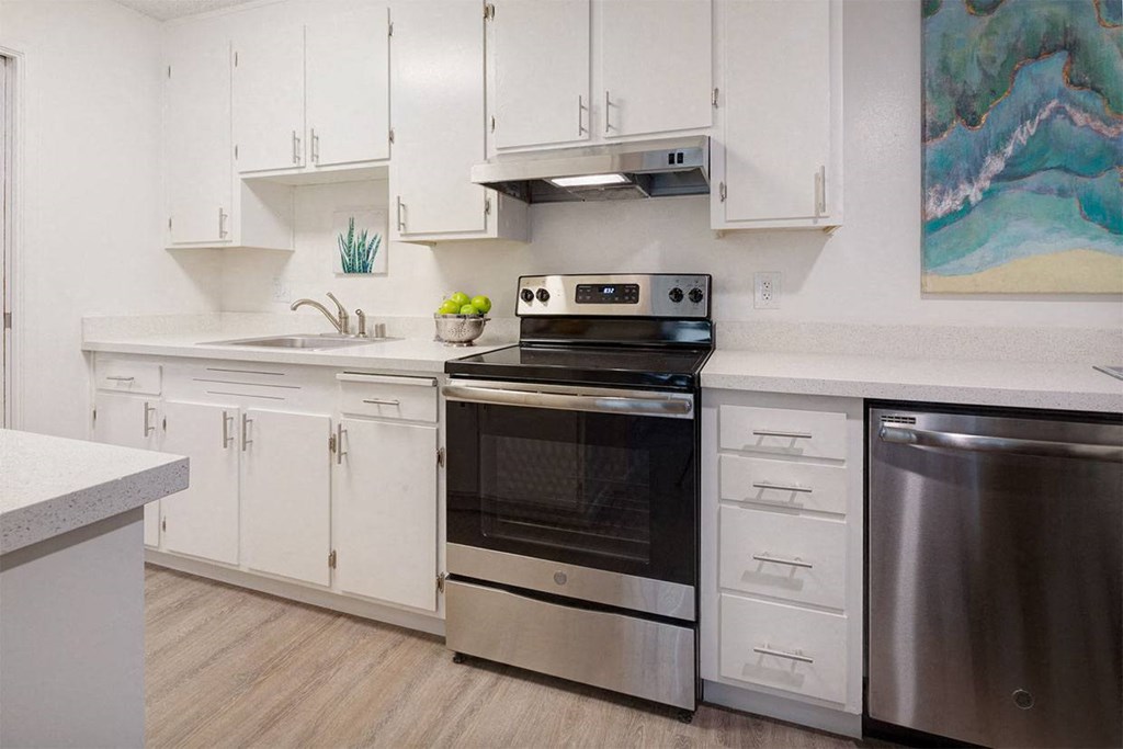 Kitchen with Stainless Steel Appliances at Marine View Apartments, Alameda, California