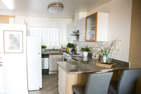 A kitchen with a white fridge and a marble counter top.