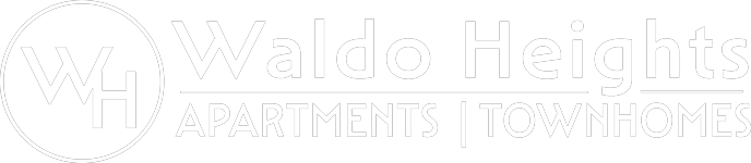 The image is a logo for Waldo Heights, featuring apartments and townhomes.