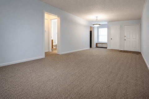 A room with a carpeted floor and a light hanging from the ceiling.