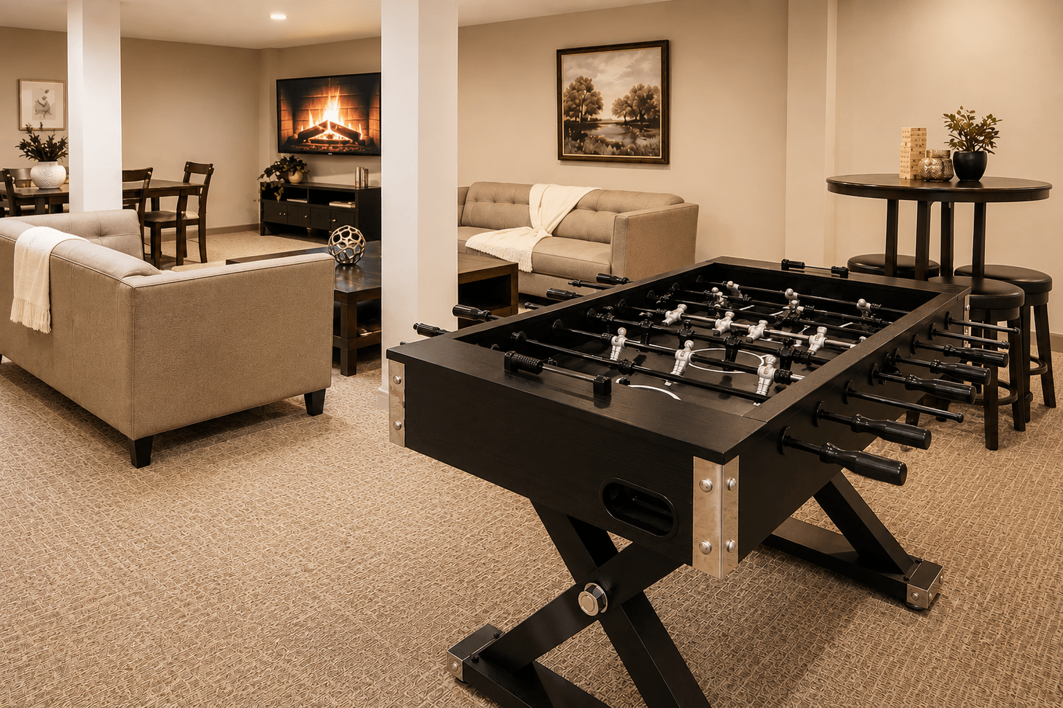 A foosball table in the middle of a living room.