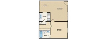 A floor plan of a small apartment with a kitchen, living room, bedroom, and bathroom.