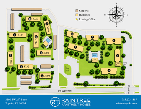 A map of a residential area with a compass rose and a leasing office.