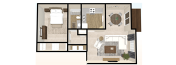 Ridge 1 BD 1 BA 850 Sq Floor Plan at The Ridge Overland Park, Overland Park