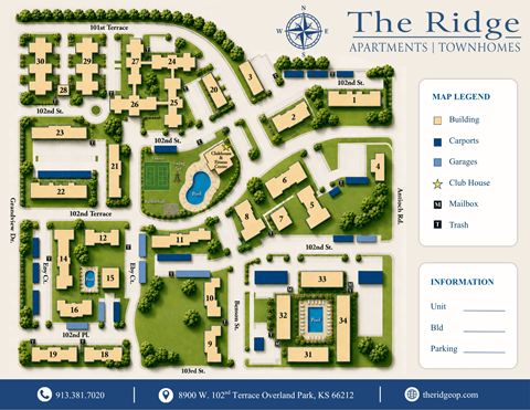 A map of apartment buildings and townhomes with a pool and a clubhouse.