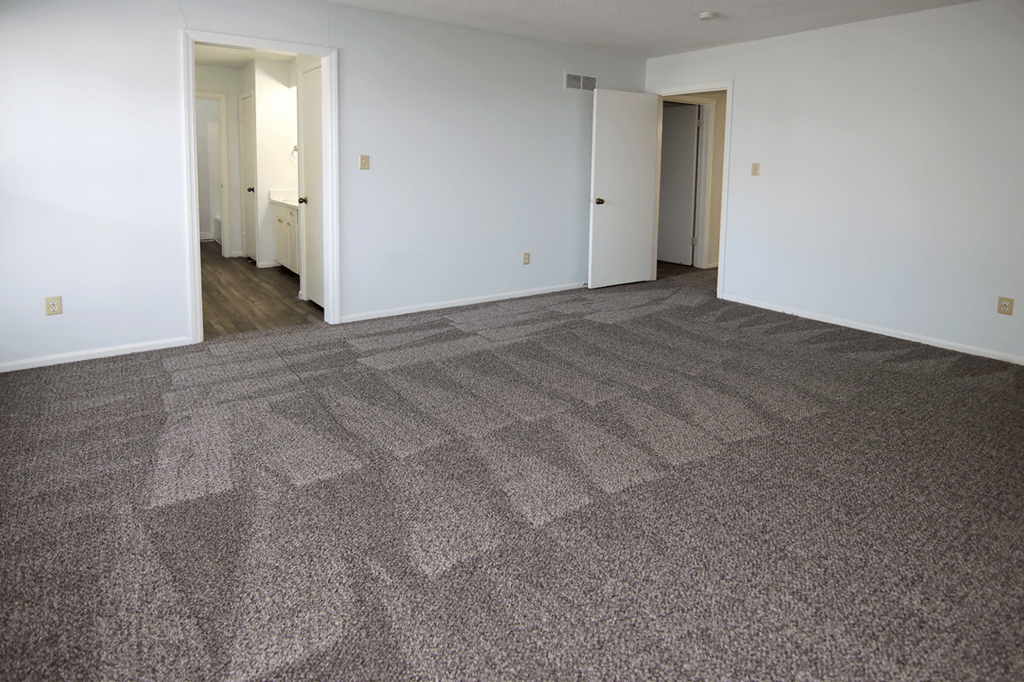 A room with a carpeted floor and two open doors.