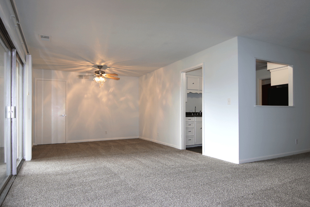 A room with a ceiling fan and carpeted floor.