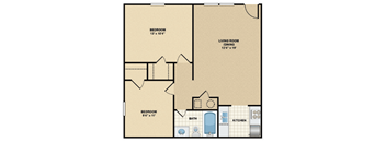 A floor plan of a small apartment with two bedrooms, a living room, a kitchen, and a bathroom.