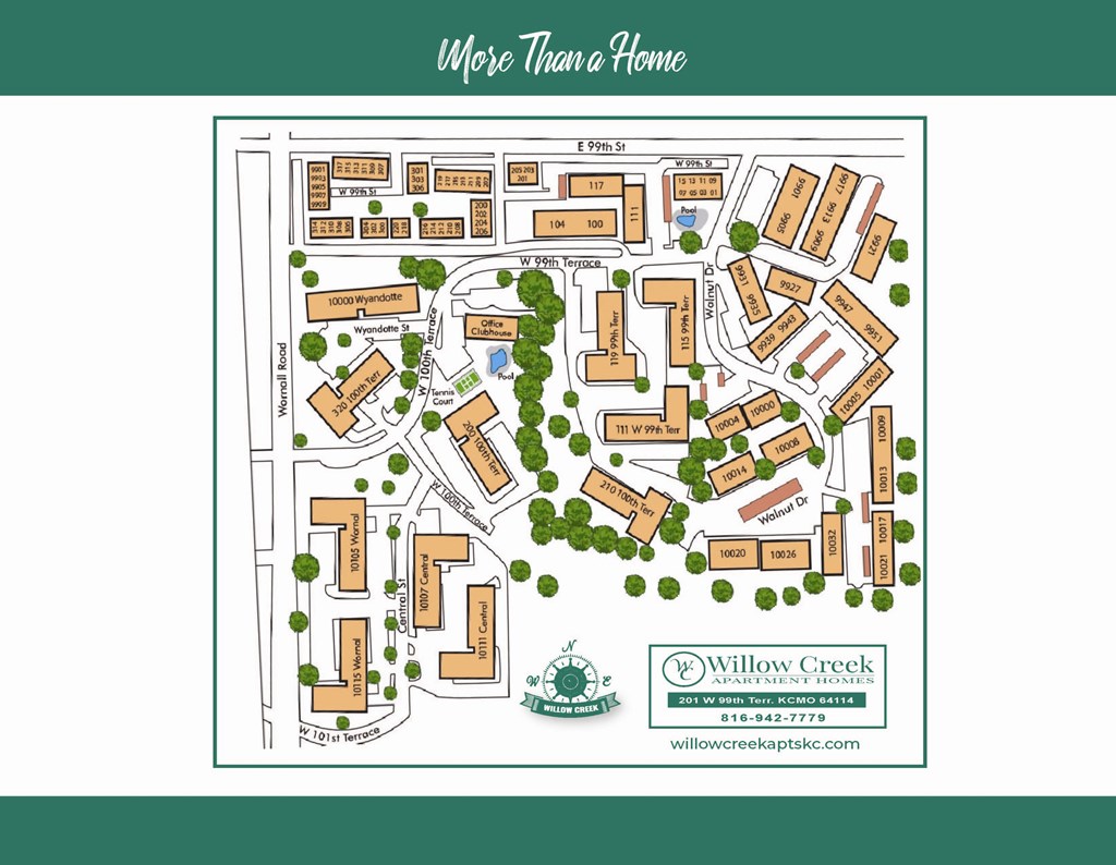 A map of Willow Creek Apartment Homes with a logo and contact information.
