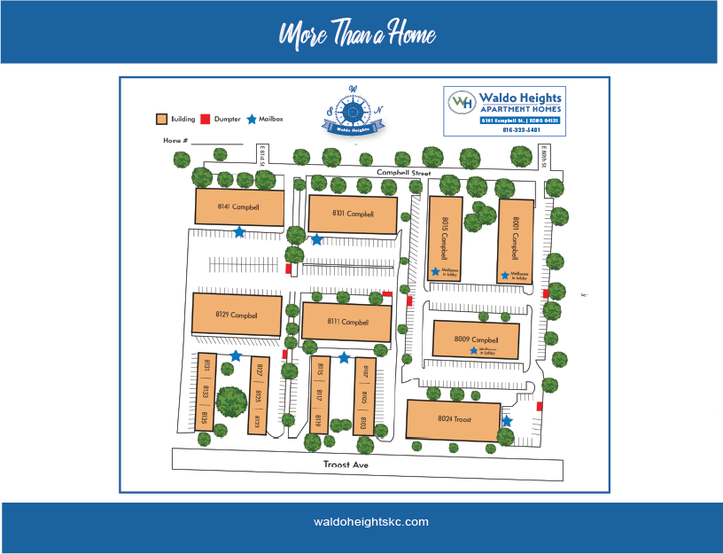 A map of Waldo Heights Apartment Homes showing the layout of the buildings and streets.