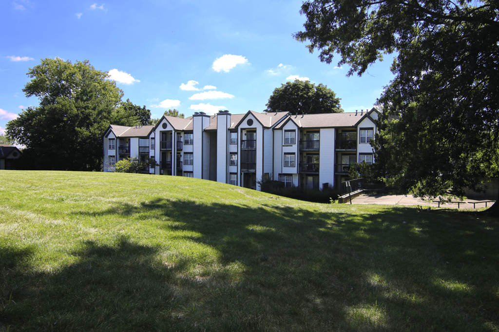 A row of white houses with green lawns in front.