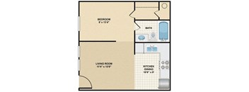 A floor plan of a small apartment with a bedroom, living room, kitchen, and bathroom.