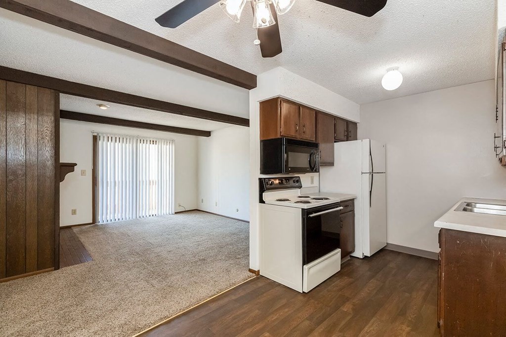 West One Bedroom Kitchen to Living Room View at Raintree Apartments, Kansas, 66614