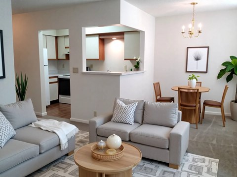 A living room with a grey couch, a wooden coffee table, and a mirror on the wall.