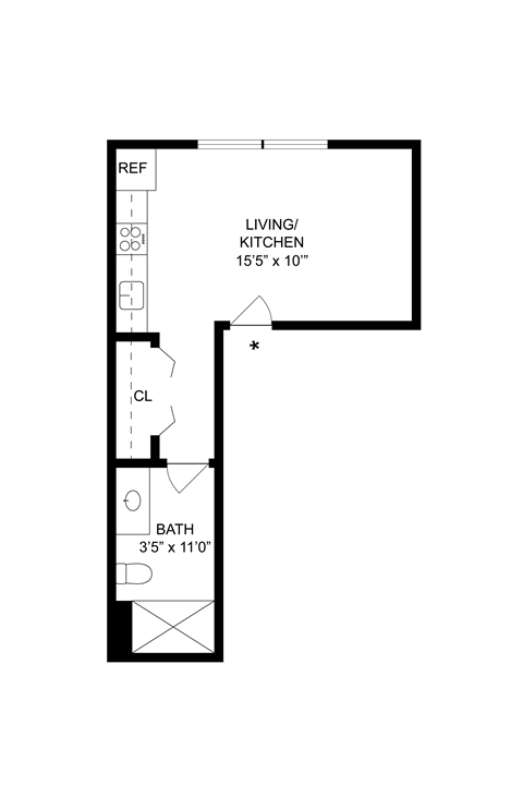 A drawing of a floor plan for a small apartment with a living/kitchen area and a bath.